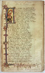 MS CCC 201 f.1 Textseite mit historisierter Initiale, die den Träumer darstellt, aus Piers Plowman von William Langland